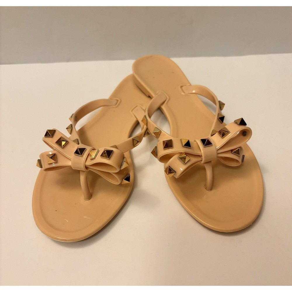 Women Gold Studded Jelly Flip Flops Thong Beach Sandals With Bowtie Pink…